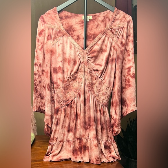 One World Women’s Size Large Burgundy Tie Dye Boho Whimsy Tunic Mini Dress - Picture 8 of 9
